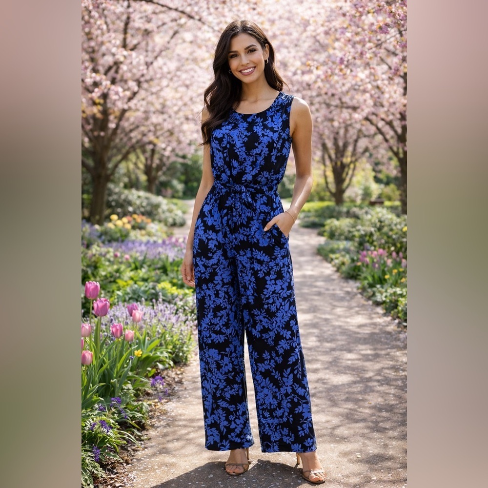 Roz & Ali Blue Floral Sleeveless Jumpsuit Wide Leg Tie Waist Zip Back Size 8